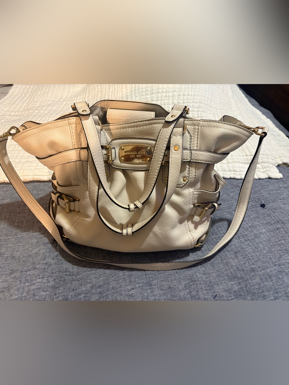 Michael Kors Cream Pebbled Leather Shoulder Tote with Gold Hardware